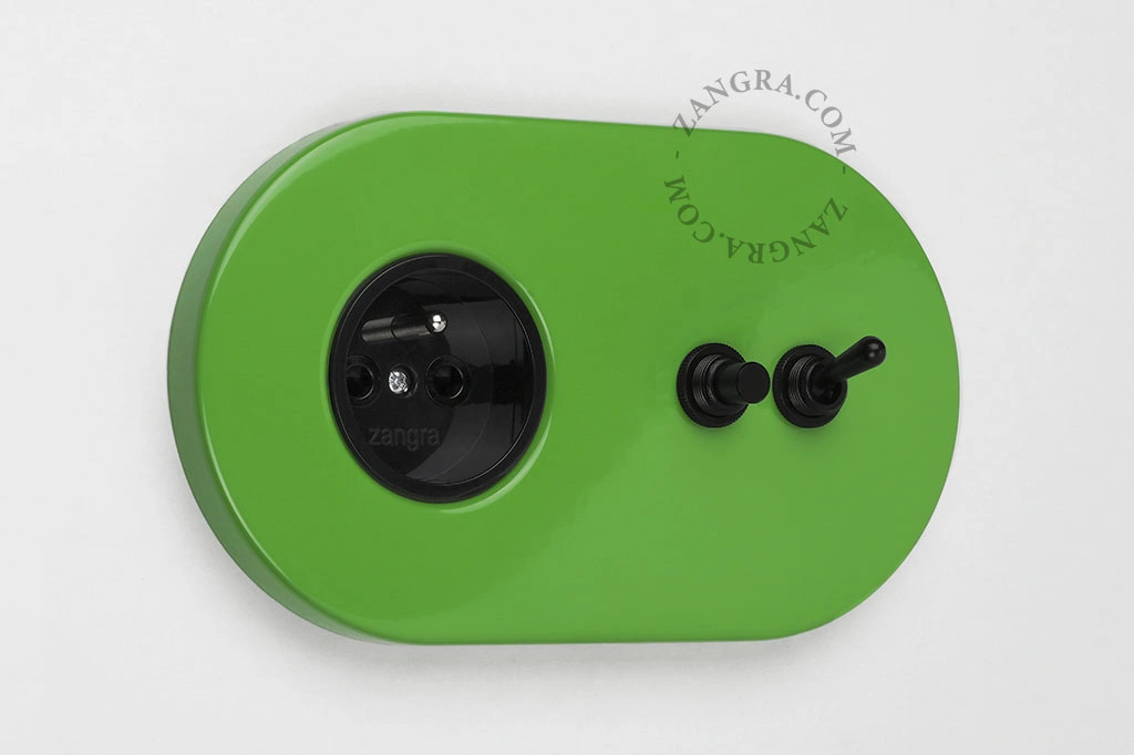 green flush mount socket & two-way or simple switch – black toggle & push-button