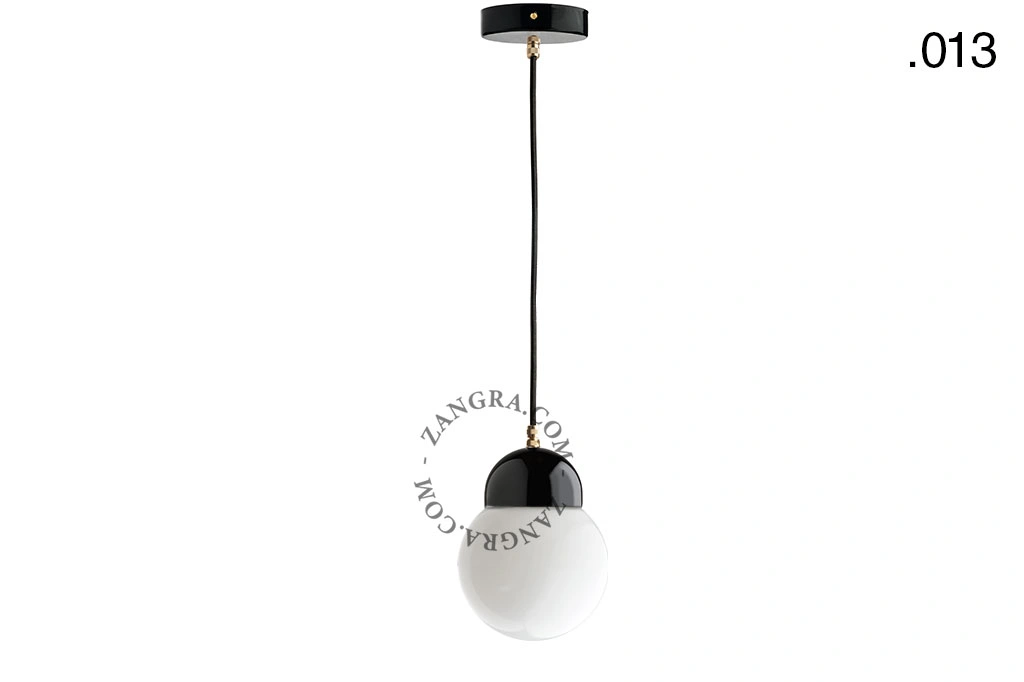 lampada a sospensione in porcellana nera - paralume in vetro