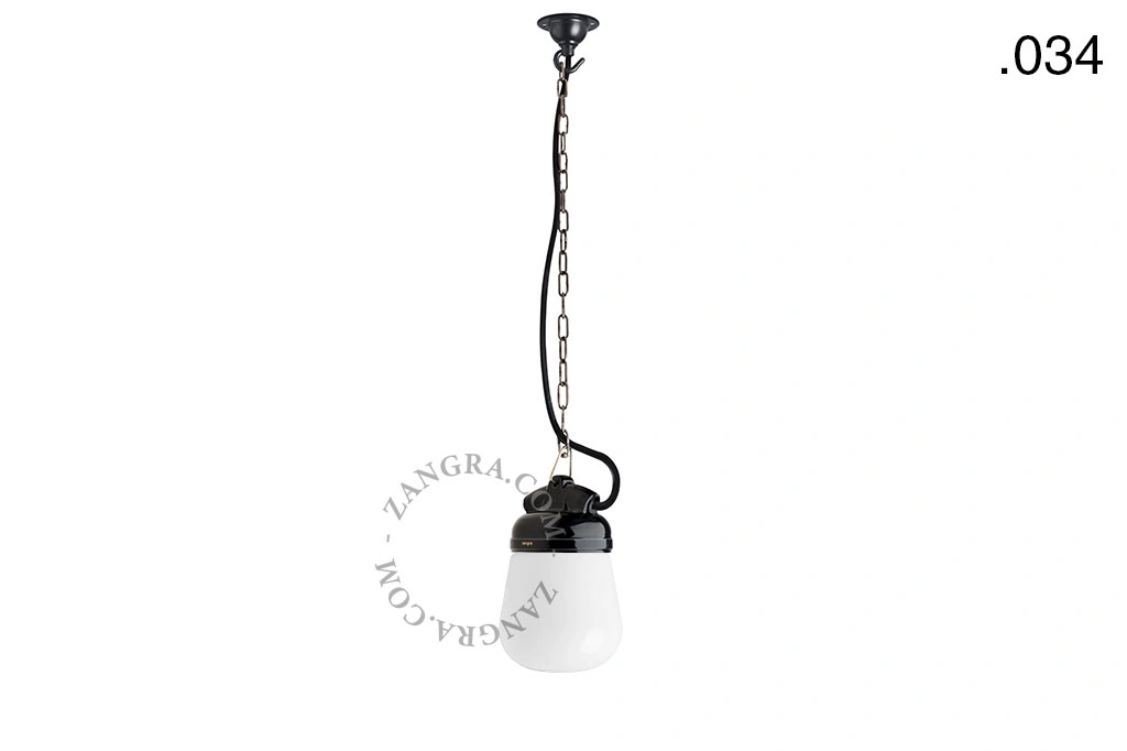 lampada a sospensione in porcellana nera per esterni o per bagno - paralume in vetro - IP54