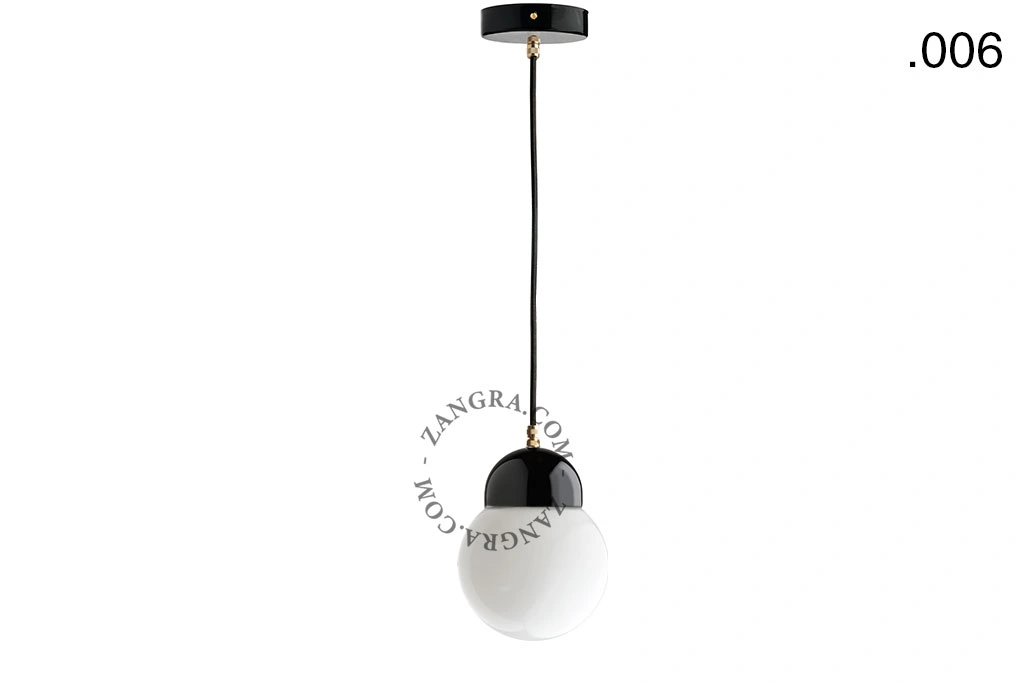 lampada a sospensione in porcellana nera - paralume in vetro