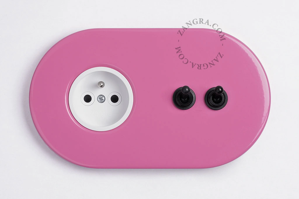 prise murale rose et double interrupteur va-et-vient ou simple - leviers noirs