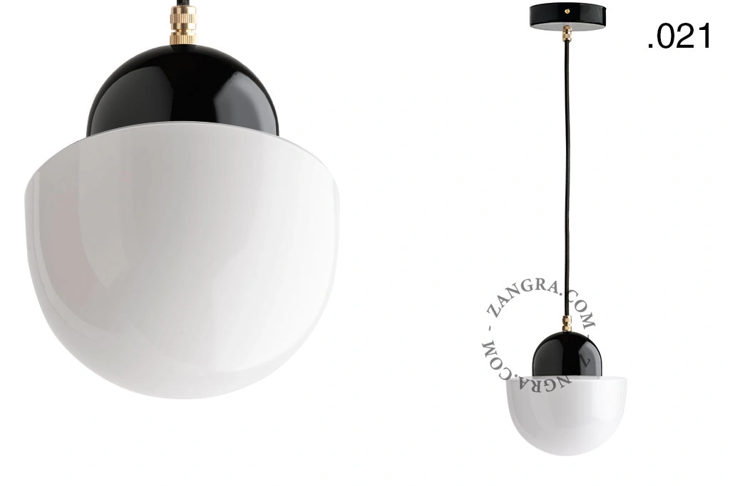 lampada a sospensione in porcellana nera - paralume in vetro