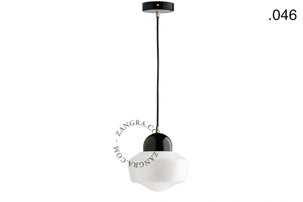 lampada a sospensione in porcellana nera - paralume in vetro