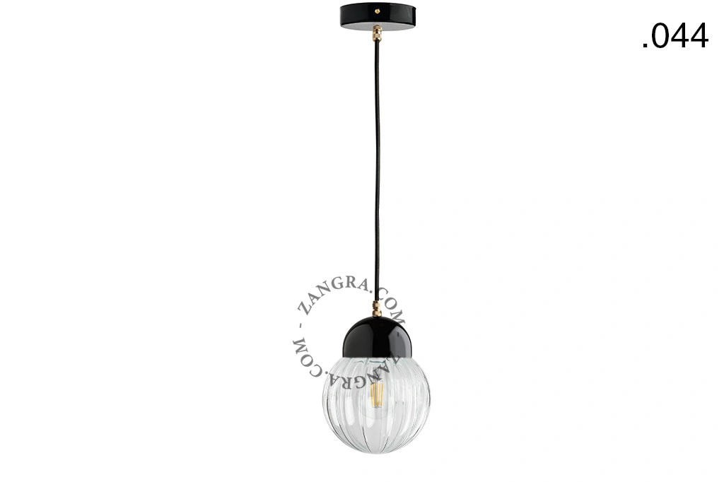 lampada a sospensione in porcellana nera - paralume in vetro