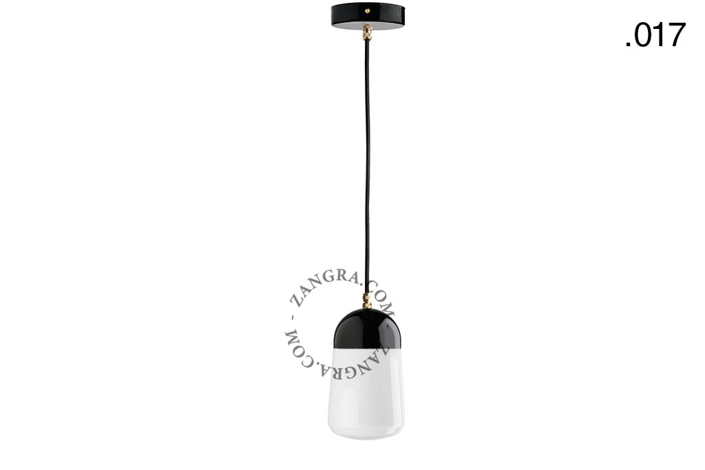lampada a sospensione in porcellana nera - paralume in vetro