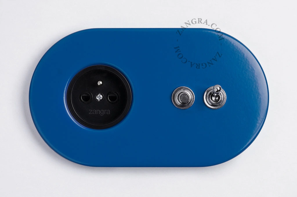 blue flush mount socket & two-way or simple switch – nickel-plated toggle & push-button