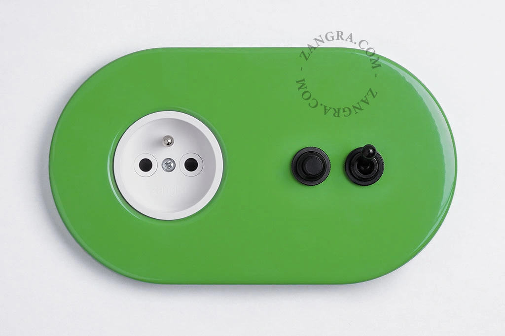 green flush mount socket & two-way or simple switch – black toggle & push-button