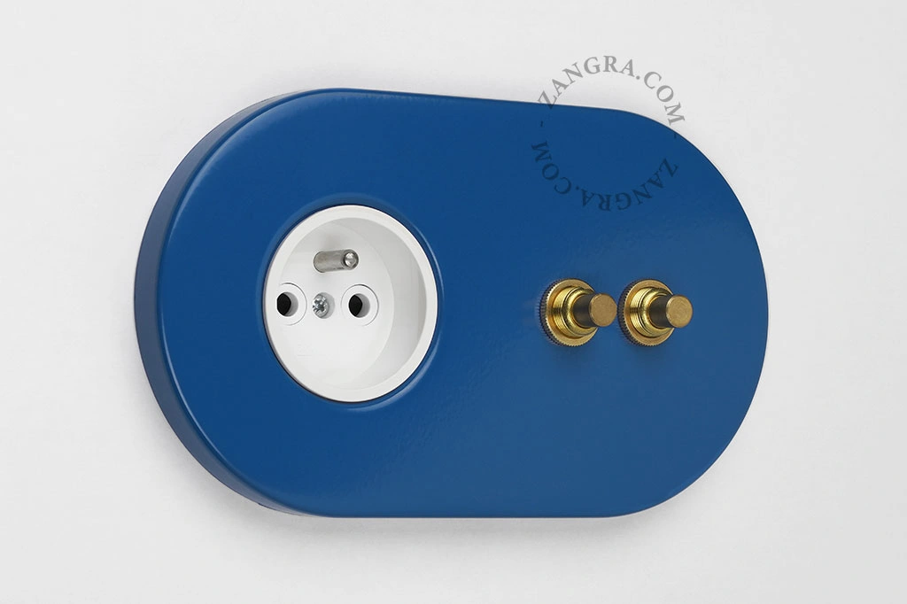 blue flush mount socket & switch – double raw brass push-button