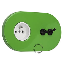 prise murale verte et interrupteur va-et-vient ou simple et bouton-poussoir - noir