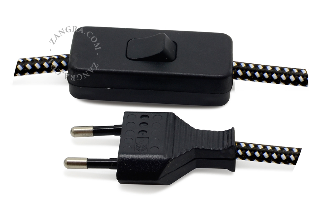 cordon d'alimentation en textile avec fiche et interrupteur - noir et blanc