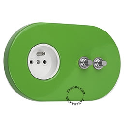 prise murale verte avec double interrupteur - boutons-poussoirs nickelés