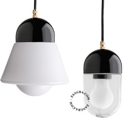lampada a sospensione in porcellana nera - paralume in vetro
