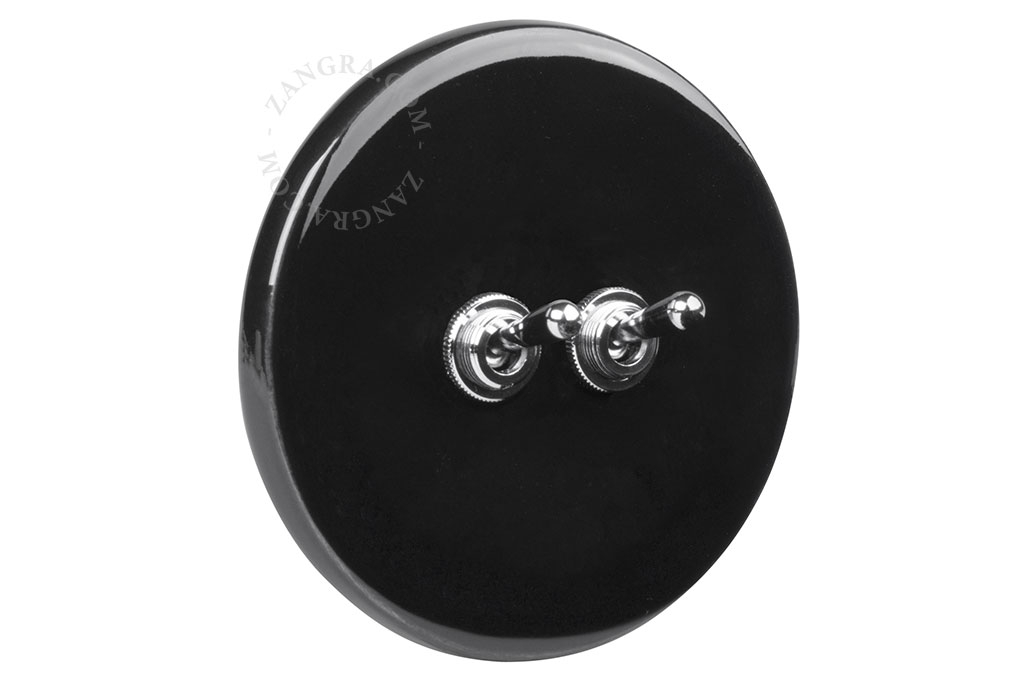 interruptor de porcelana negra doble simple o conmutado - 2 palancas de latón niquelado