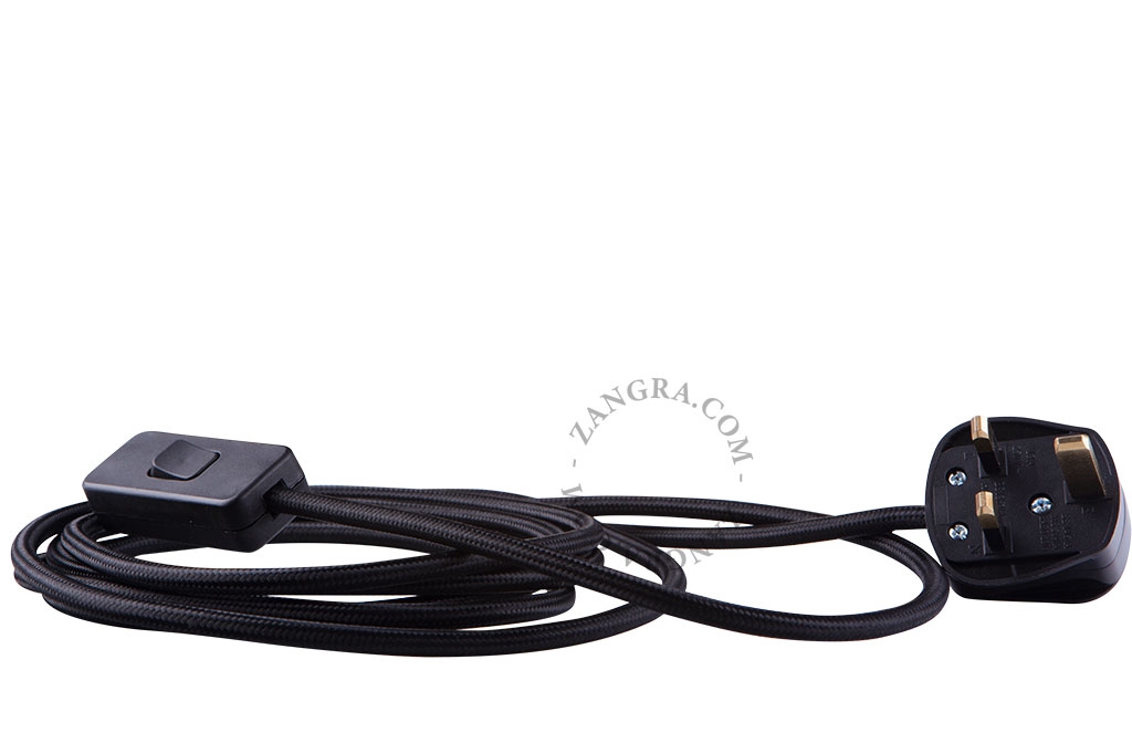 textile power cord with plug and switch - black, type G