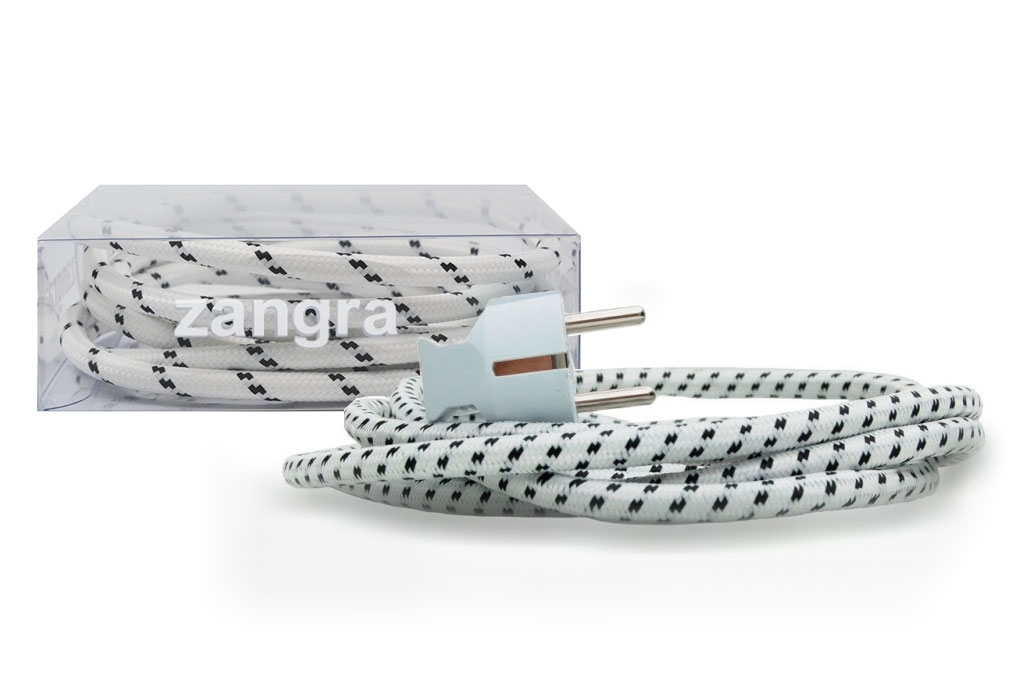 textile power cable with plug - white (with ground wire)