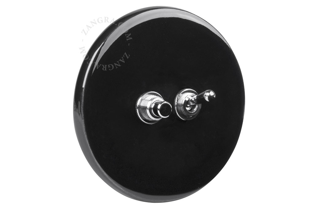 double interrupteur en porcelaine noire va-et-vient ou simple et bouton-poussoir - nickelé