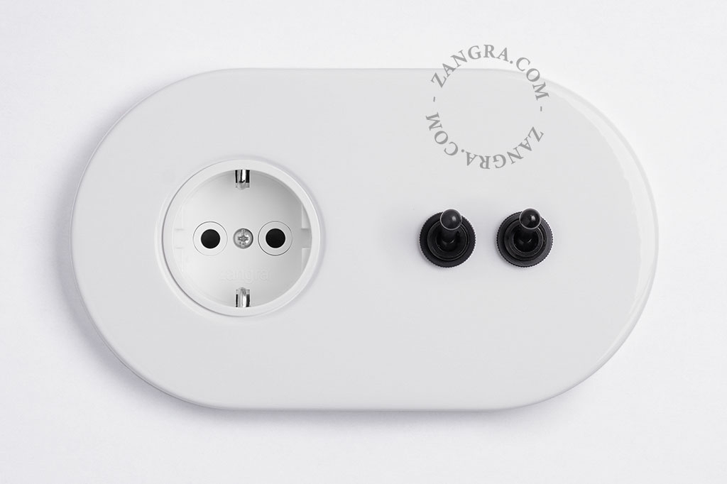 white flush mount socket & two-way or simple switch – double black toggle