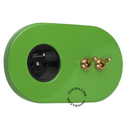 green flush mount socket & two-way or simple switch – double raw brass toggle