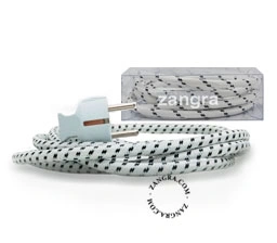 textile power cable with plug - white (with ground wire)