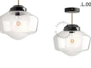 loftslampe i sort og messing - glas skærm
