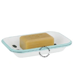 portasapone in smalto bianco con bordo blu
