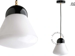 lampada a sospensione in porcellana nera - paralume in vetro