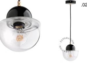 lampada a sospensione in porcellana nera - paralume in vetro