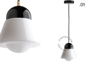 lampada a sospensione in porcellana nera - paralume in vetro