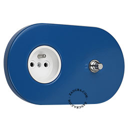 Blue flush mount outlet & switch with nickel-plated pushbutton.