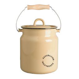 Small compost bin in caramel brown enamel with wooden handle.