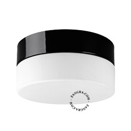 Candeeiro redondo em porcelana preta e vidro.