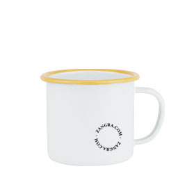 White enamel mug with yellow rim.
