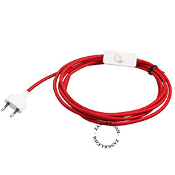 Red textile cable with white plug and switch.