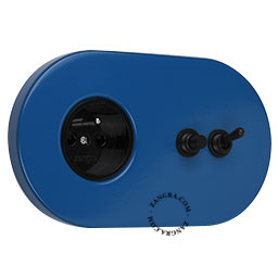 Blue flush mount outlet & switch with black toggle & pushbutton.