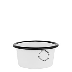 White enamel pot with black rim.