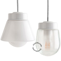 White porcelain pendant light with glass shade.