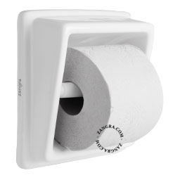 Recessed porcelain toilet paper dispenser.