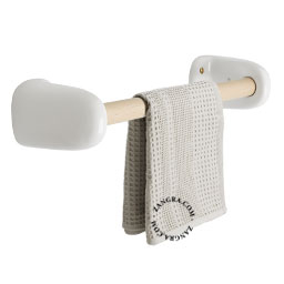 white porcelain towel hanger with wooden bar