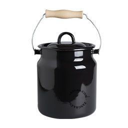 Small compost bin in black enamel.