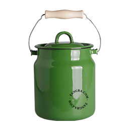 Small compost bin in green enamel with wooden handle.