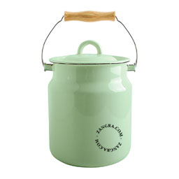 Small compost bin in mint green enamel with wooden handle.
