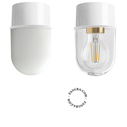 White ceiling light with glass shade.