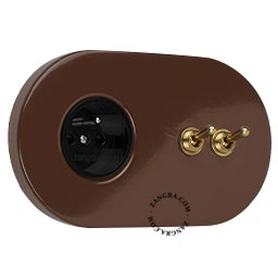 Product brown flush mount socket & two-way or simple switch – double raw brass toggle Image