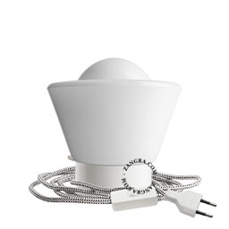 White porcelain table lamp with glass shade.