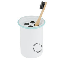 Porte-brosse à dents en émail blanc avec bord bleu.