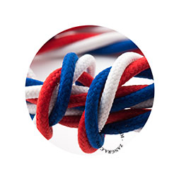 Blue, red, white fabric twisted cable.