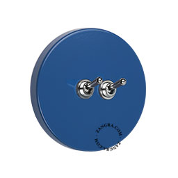 Round blue double light switch with 2 nickel-plated toggles.