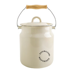 Small compost bin in ivory white enamel with wooden handle.