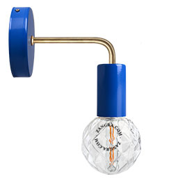 Blue wall light with brass arm.