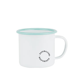 White enamel mug with light blue rim.